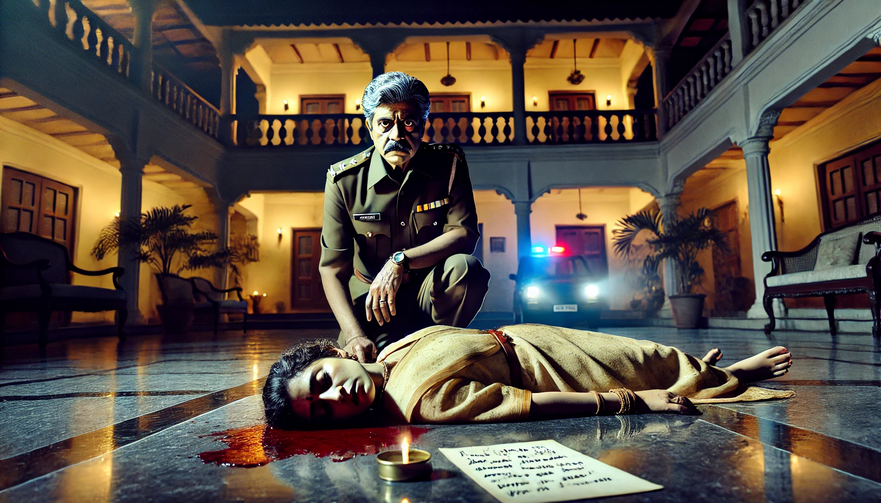 DALL·E 2025-03-23 13.07.15 - Nighttime in an upscale yet desolate villa. Senior Inspector Achintya, a middle-aged Indian man with a wheatish complexion, kneels beside the lifeless