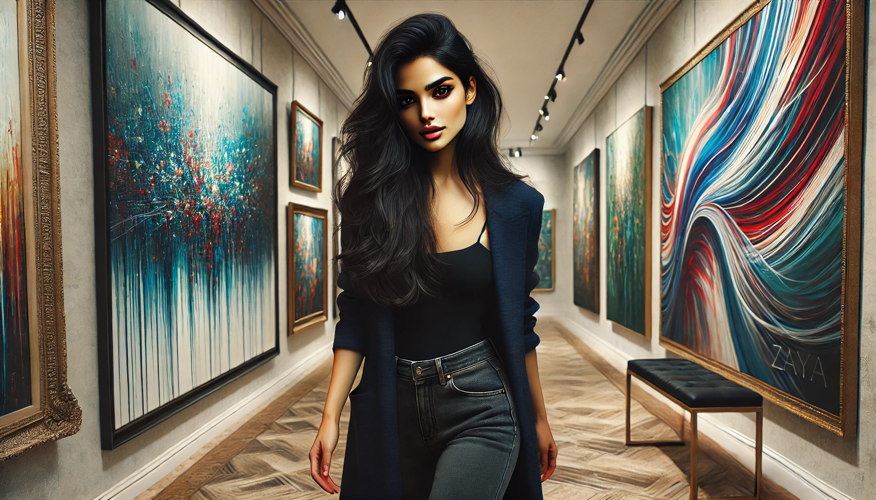 DALL·E 2025-03-26 20.25.23 - An upscale Mumbai art gallery filled with vibrant abstract paintings. Zaya, a striking and enigmatic woman in her late 20s, walks gracefully through t